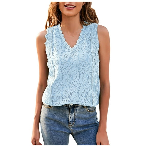 Plus Size Tank Tops for Women Solid Lace V Neck Tunic Tank Tops Casual Sleeveless Shirt Blouse Female Clothes(Sky Blue,XL)