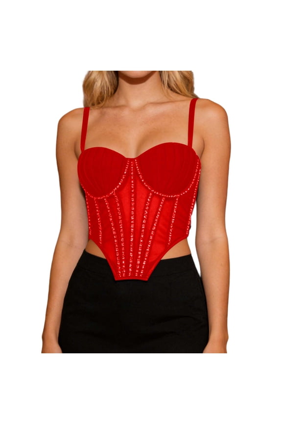 Plus Size Tank Tops for Women Solid V Neck Mesh Camisole with Built in Bra Shining Rhinestone Detachable Straps Bustier Red 34