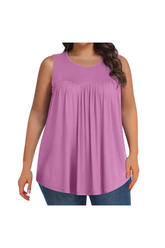 Plus Size Tank Tops for Women Summer Crew Neck Pleated Front Loose Casual Sleeveless Shirts Casual Loose Blouse(1X-5X)