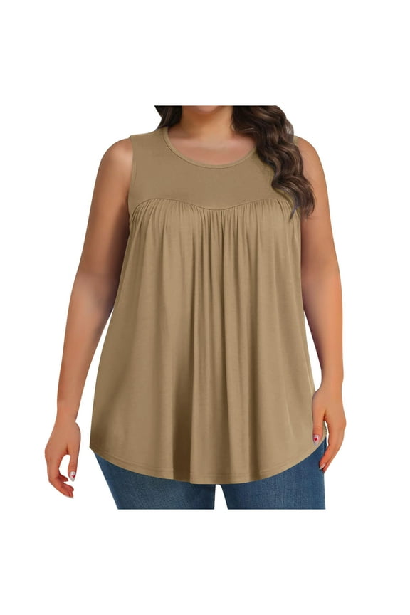 Plus Size Tank Tops for Women Summer Crew Neck Pleated Front Loose Casual Sleeveless Shirts Casual Loose Blouse(1X-5X)