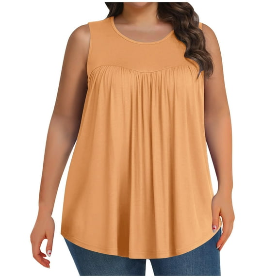 Plus Size Tank Tops for Women Summer Crew Neck Pleated Front Loose Casual Sleeveless Shirts Casual Loose Blouse(1X-5X)