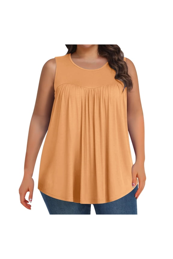 Plus Size Tank Tops for Women Summer Crew Neck Pleated Front Loose Casual Sleeveless Shirts Casual Loose Blouse(1X-5X)