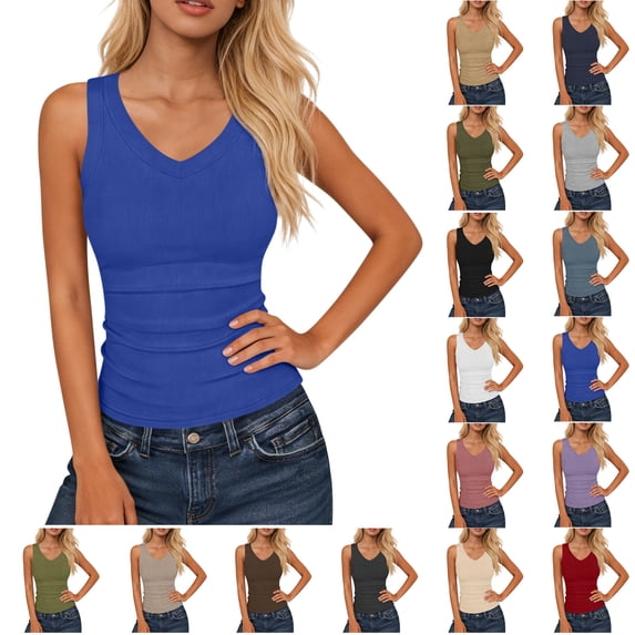 Plus Size Tank Tops for Women Summer Sleeveless V-Neck Solid Collar Blouses Womens Tank Tops With Chest Cushion Short, Blue-XL