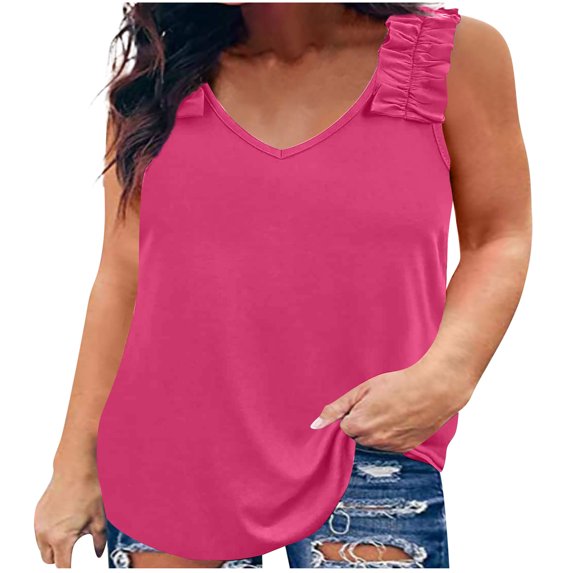 Plus Size Tank Tops for Women Trendy V Neck Frill Sleeveless Shirts Solid Casual Loose Fit Comfy Summer Blouses Tee