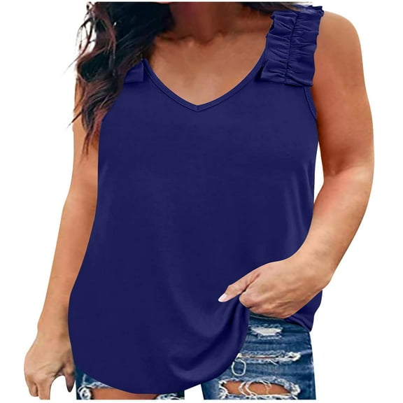 Plus Size Tank Tops for Women Trendy V Neck Frill Sleeveless Shirts Solid Casual Loose Fit Comfy Summer Blouses Tee