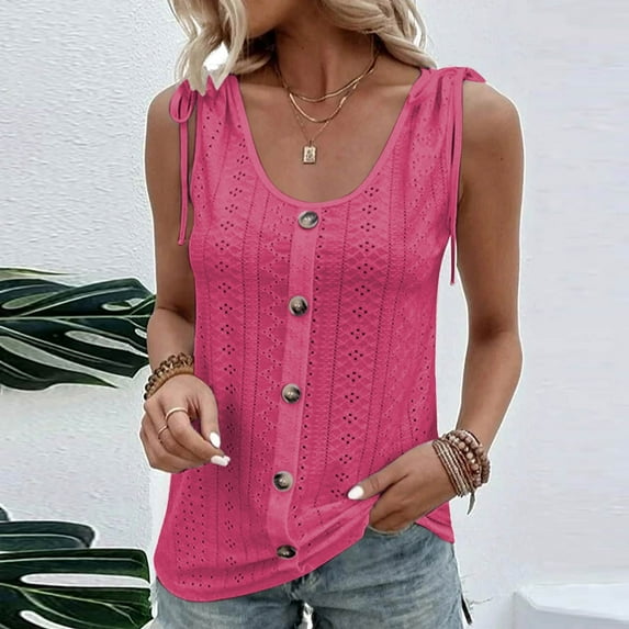 Plus Size Tank Tops for Women under $5 2025 Sleeveless Buttons Hollow out Round-Neck Solid Color Casual Camisoles Hot Pink 3XL