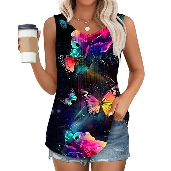 Plus Size Tank Tops for Women under $5 2025 Sleeveless Crew-neck Print Loose Casual Pleated Top Multicolor 4XL