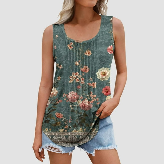 Plus Size Tank Tops for Women under $5 2025 Sleeveless Round Neck Print Casual Tee Tank Multicolor L