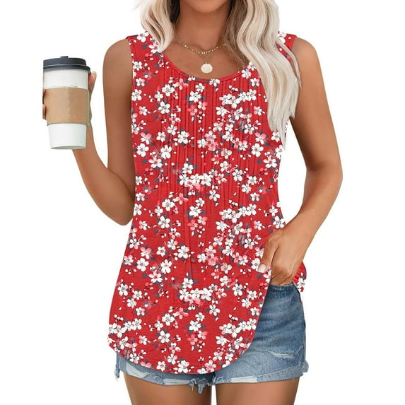 Plus Size Tank Tops for Women under $5 Sleeveless Crew-neck Print Loose Casual Pleated Top Multicolor 5XL