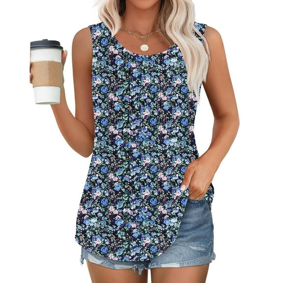 Plus Size Tank Tops for Women under $5 Sleeveless Crew-neck Print Loose Casual Pleated Top Multicolor XL