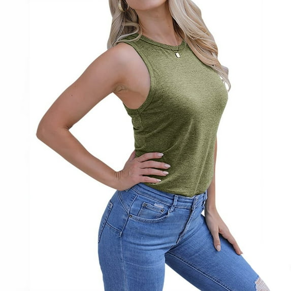 Plus Size Tank Tops for Women under $5 Sleeveless Round Neck Casual Ladies Vest Tank Green S