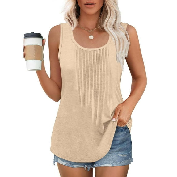 Plus Size Tank Tops for Women under $5 Sleeveless Round Neck Plus Solid Color Casual Tee Tank Khaki M