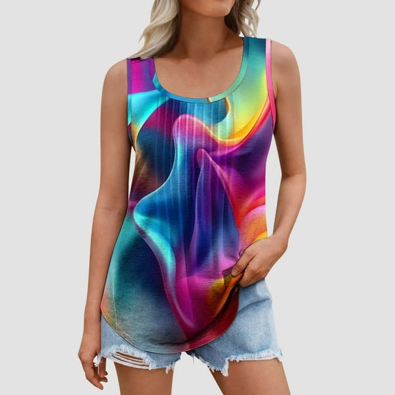 Plus Size Tank Tops for Women under $5 Sleeveless Round Neck Print Casual Tee Tank Multicolor XL