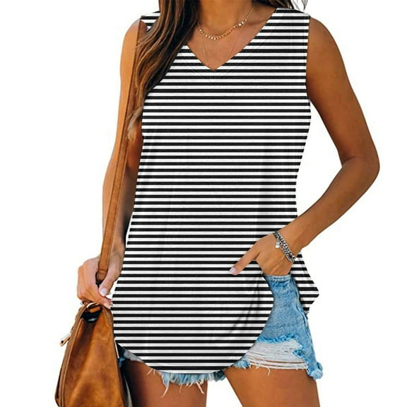 Plus Size Tank Tops for Women under $5 Sleeveless V-Neck Stripe Basic Casual Flowy Summer T-Shirt Black S