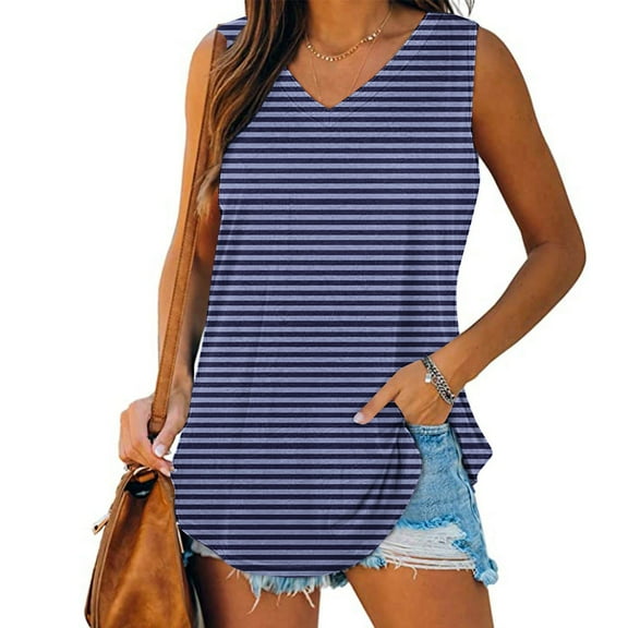 Plus Size Tank Tops for Women under $5 Sleeveless V-Neck Stripe Basic Casual Flowy Summer T-Shirt Navy S