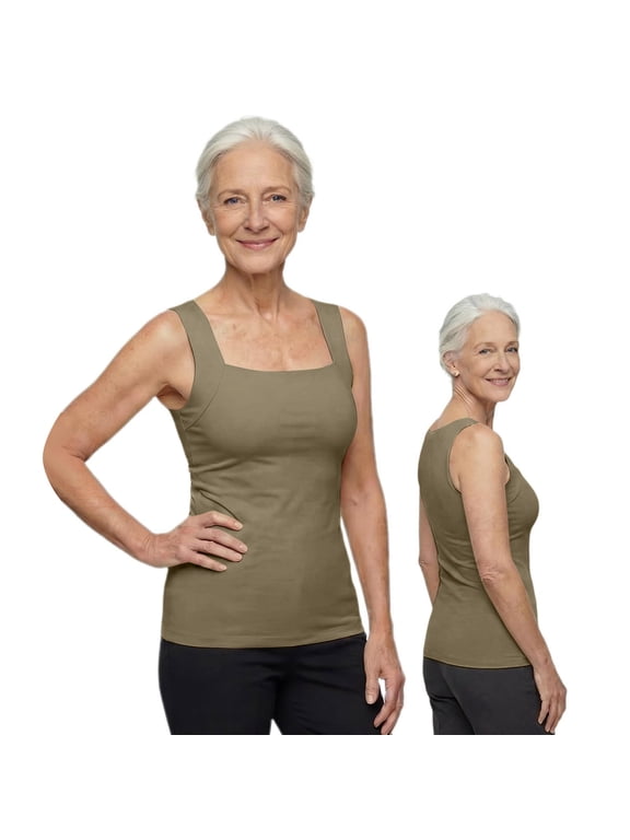Plus Size Tank Tops with Built in Bras for Older Women Sleeveless Wide Strap Camisole Padded Seamless Shaping Soft Smoothing Oversized Cami Shelf Bra