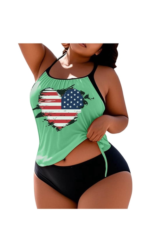Plus Size Tankini Bathing Suit Women Two-Piece Heart Flag Print Swimsuit Racerback Swim Top & High Waisted Bottom (2XL, Mint Green)