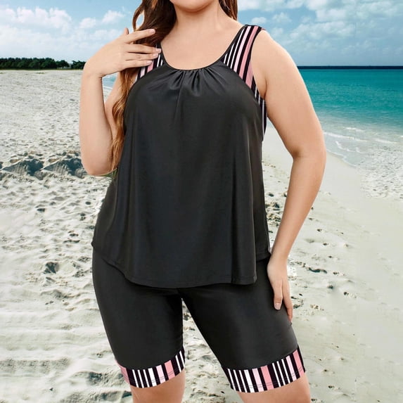 Plus Size Tankini Sets for Women Striped Trim Athletic Tank Top with High Waisted Long Boyshorts Two Piece Bathing Suits Full Coverage