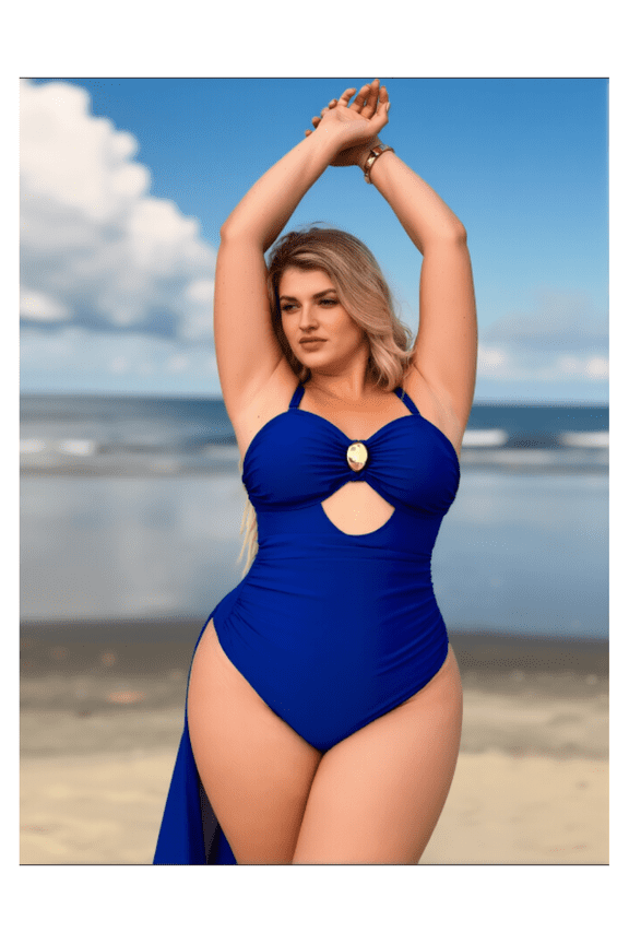 Plus Size Tankini Swimsuit - Blue Floral 2 Piece Swimsuit for Women, Decorative Buttons, High Waisted Swim Shorts, Sexy Chic Bathing Suit for Beach, Pool, Vacation