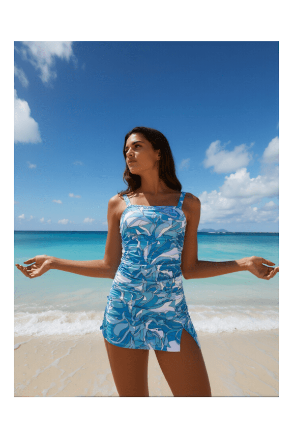 Plus Size Tankini Swimsuit - Navy Floral 2 Piece Bathing Suit - Women's Off Shoulder Open Back Swim Top with Skirted Shorts, Elegant Beachwear