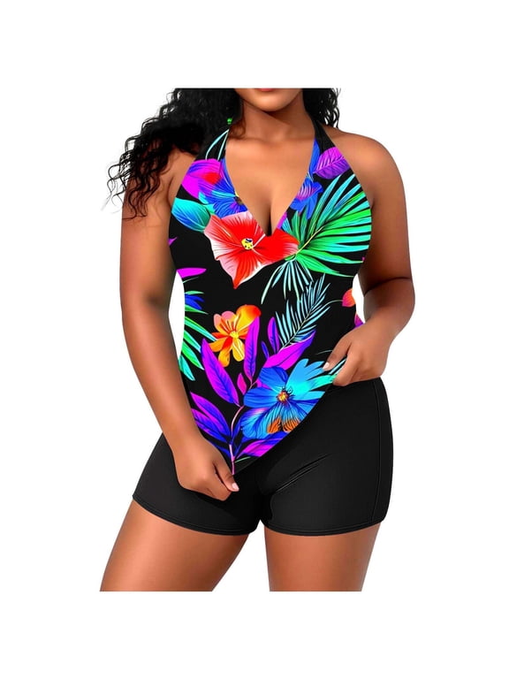 Plus Size Tankini Swimsuit for Women Summer V-Neck Halter Swim Top with Shorts and Built-in Bra Bathing Suit Beach Vacation Swimwear