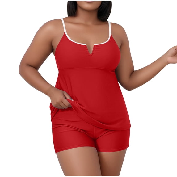 Plus Size Tankini Swimsuits Women Two Piece Spaghetti Strap Bathing Suit Flared Tankinis Swim Top with Shorts(Red 5XL)