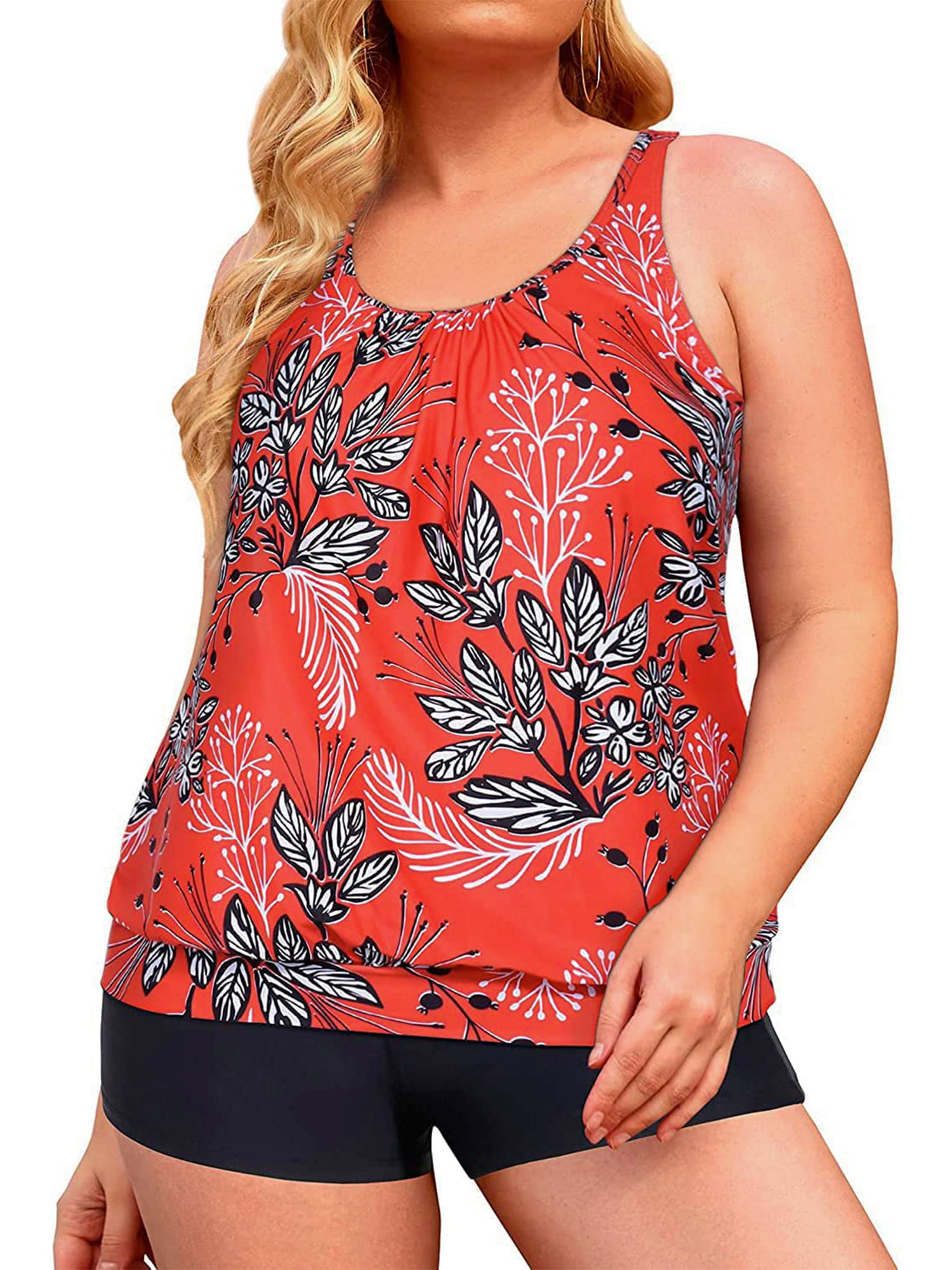 Plus Size Women s Blouson Tankini Swimwear Set With Boyshorts Two Piece 
