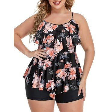 Plus Size Tankini Swimsuits for Women Ruffled Flounce Swimwear Two Piece Bathing Suits Layered Top with Boyshorts