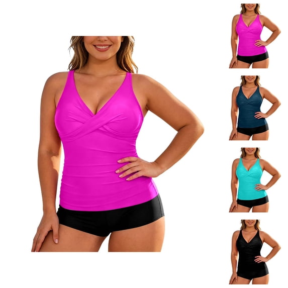 Plus Size Tankini Swimsuits for Women Twist Front V Neck Tummy Control Tankini Top Boyshorts Two Piece Swimsuit Bathing Suit