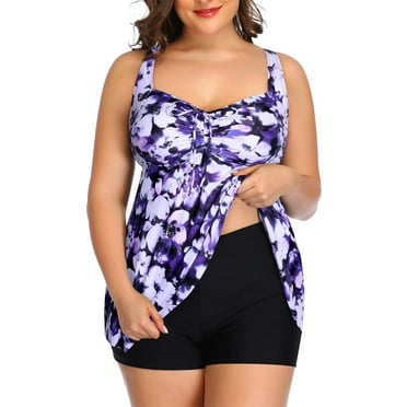 Plus Size Tankini Swimsuits for Women Two Piece Bathing Suits Flyaway Tummy Control Swimwear with Boyshorts