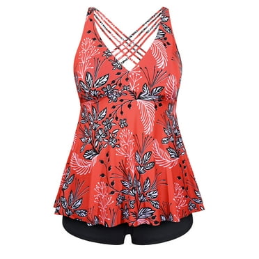 Plus Size Tankini Swimsuits for Women with Shorts Flowy V Neck Bathing Suits 2 Piece Swimwear