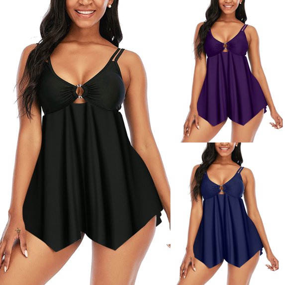 Plus Size Tankini Top Fashion Printed Bikini Push-Up Padded Summer Clothes for Women,Purple-1,M