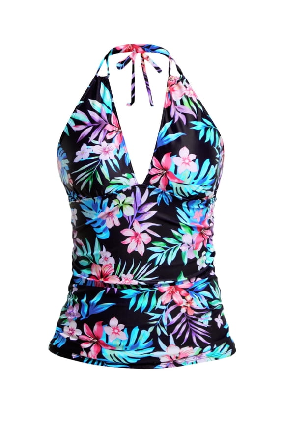 Plus Size Tankini Tops for Women Halter V Neck Full Coverage Bathing Suit Bikini Swimwear No Bottoms Black L