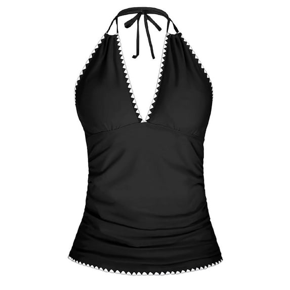 Plus Size Tankini Tops for Women Halter V Neck Full Coverage Bathing Suit Bikini Swimwear No Bottoms Black XL