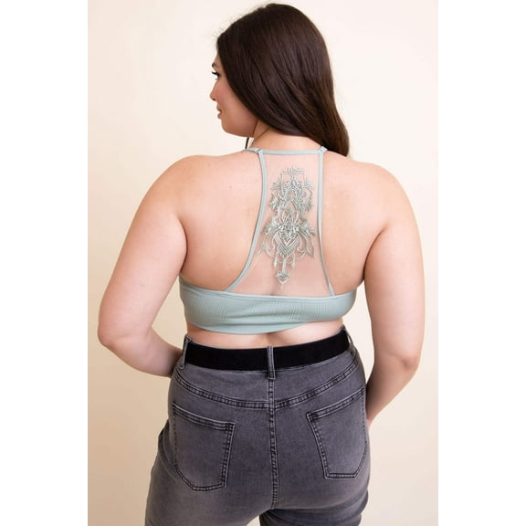 Plus Size Tattoo Back Bralette, Breathable Mesh Racerback Bralette, Adjustable Straps, Gifts For Her, Embroidered Floral Design