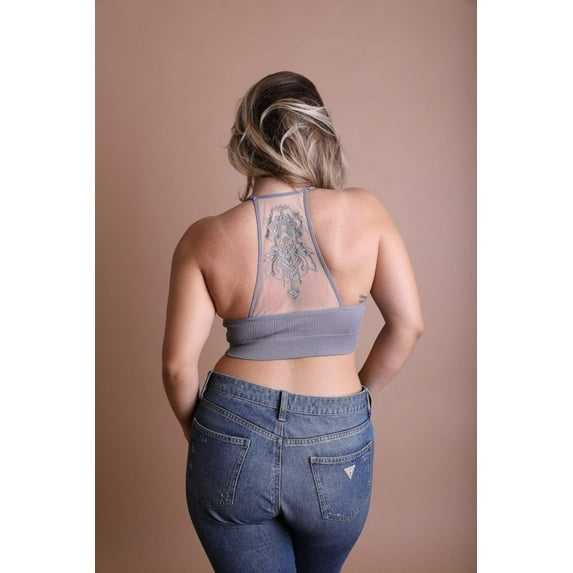 Plus Size Tattoo Back Bralette, Breathable Mesh Racerback Bralette, Adjustable Straps, Gifts For Her, Embroidered Floral Design