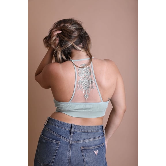 Plus Size Tattoo Back Bralette, Breathable Mesh Racerback Bralette, Adjustable Straps, Gifts For Her, Embroidered Floral Design