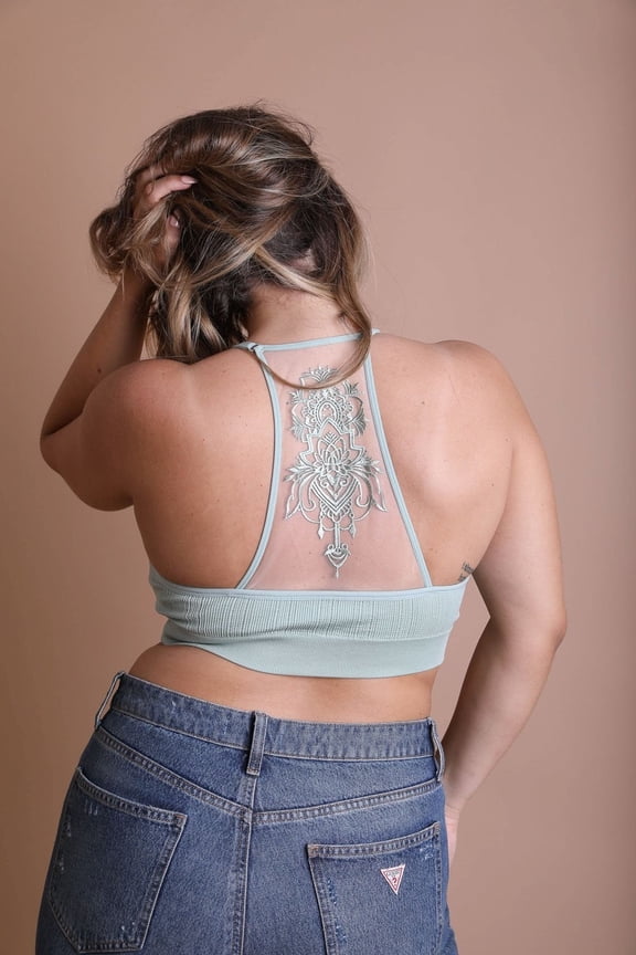 Plus Size Tattoo Back Bralette, Breathable Mesh Racerback Bralette, Adjustable Straps, Gifts For Her, Embroidered Floral Design