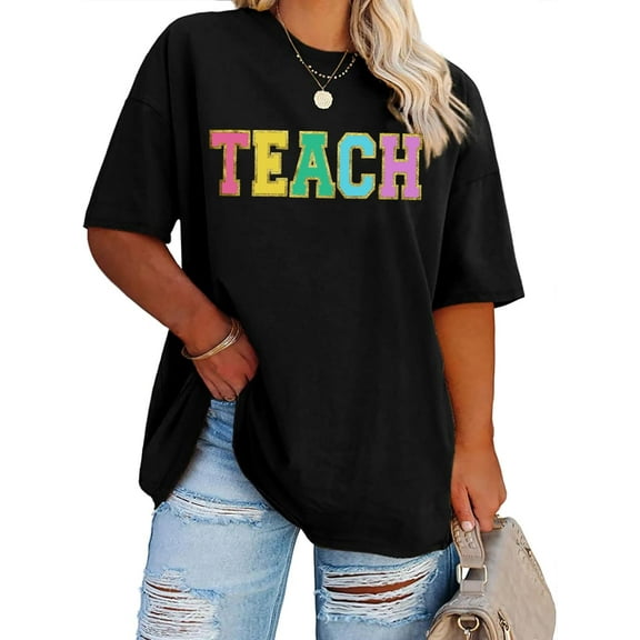 Plus Size Teacher Shirts Women Oversized Teach Life T Shirt Short Sleeve Graphic T-Shirt Gift Tops