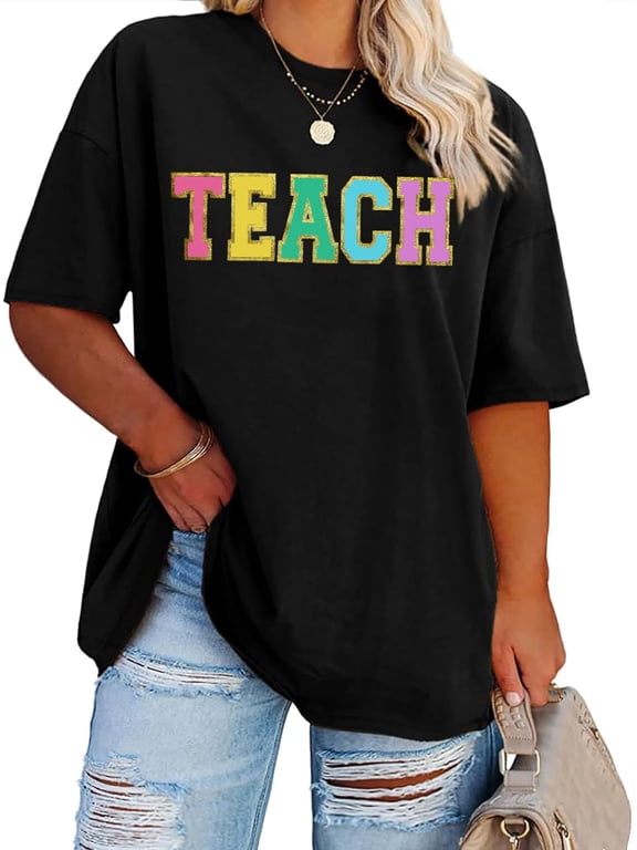 Plus Size Teacher Shirts Women Oversized Teach Life T Shirt Short Sleeve Graphic T-Shirt Gift Tops
