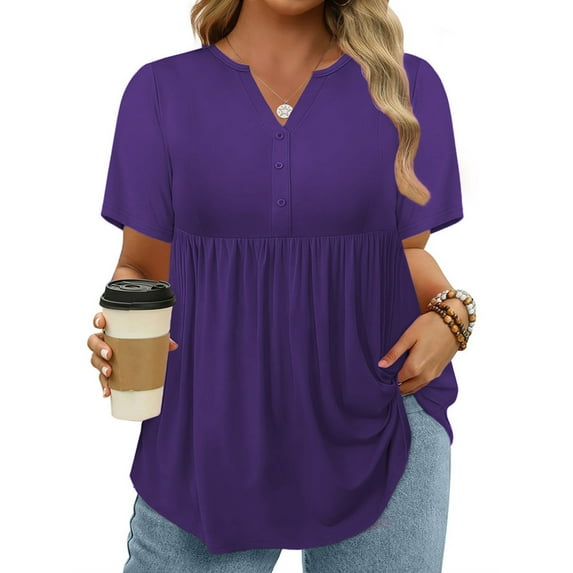 Plus Size Tee Shirts for Women Flowy V Neck Tops Trendy Short Sleeve 2025 Summer Button Blouses Xl Dark Purple