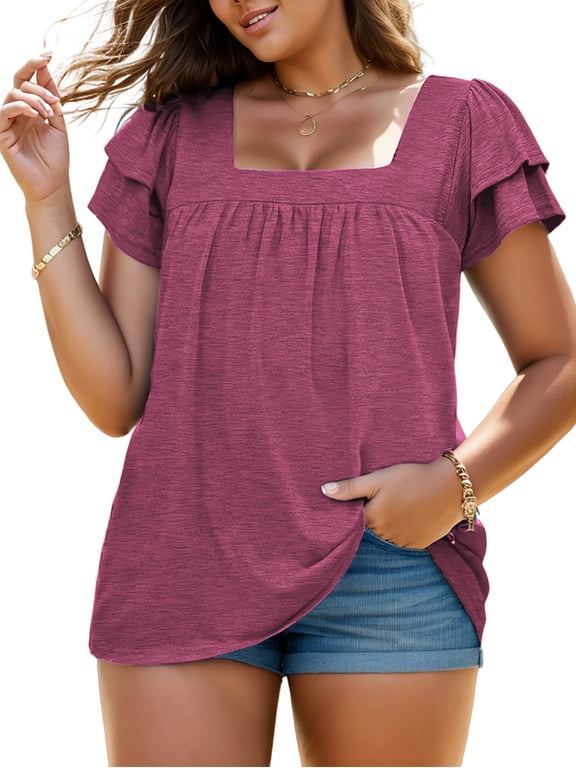 Women's Plus Size Summer Tops Trendy Short Sleeve Comfy Square Neck Tunics
