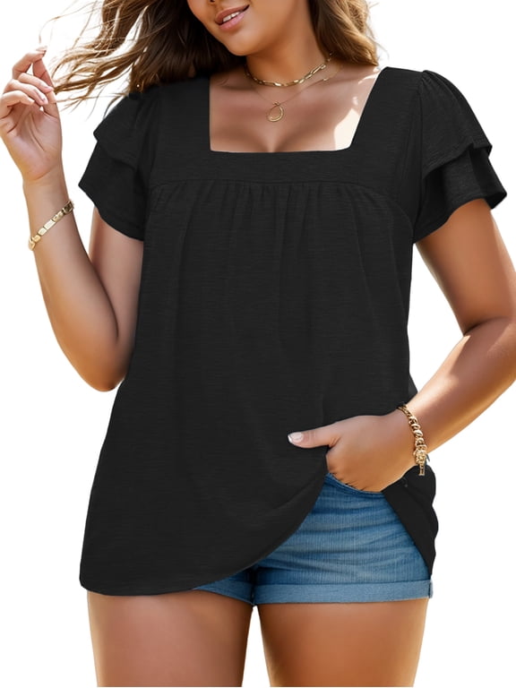 Plus Size T Shirts Women Casual Petal Sleeve Square Neck Tee Oversized Tops