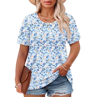 Plus Size Tee Shirts for Women Trendy Pleated Tops Dressy Short Sleeve Tunics Cute Comfy Crew Neck Tees 1X Floral
