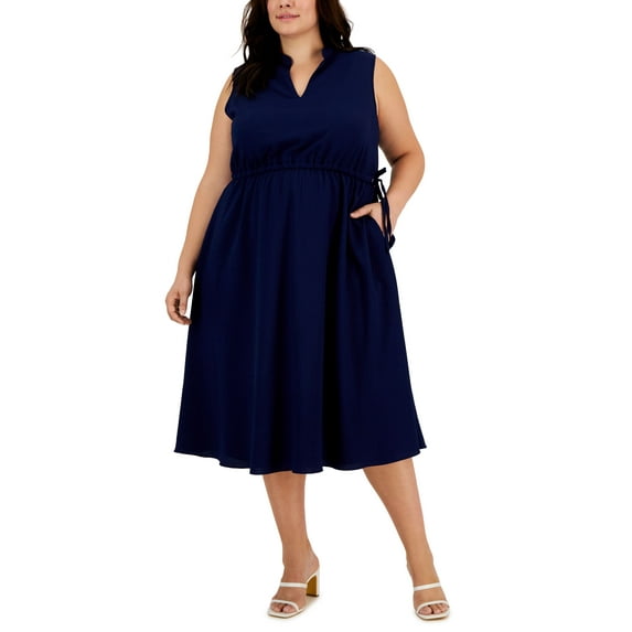 Plus Size Textured Drawstring Midi Dress Distant Mountain 2X
