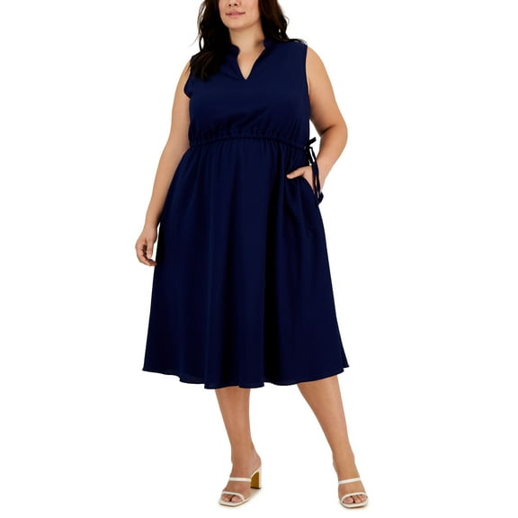 Plus Size Textured Drawstring Midi Dress Distant Mountain 3X