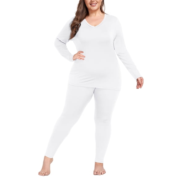 Plus Size Thermal Underwear for Women V Neck Fleece Lined Long Johns Base Layer Top and Bottom Set,1X-5X