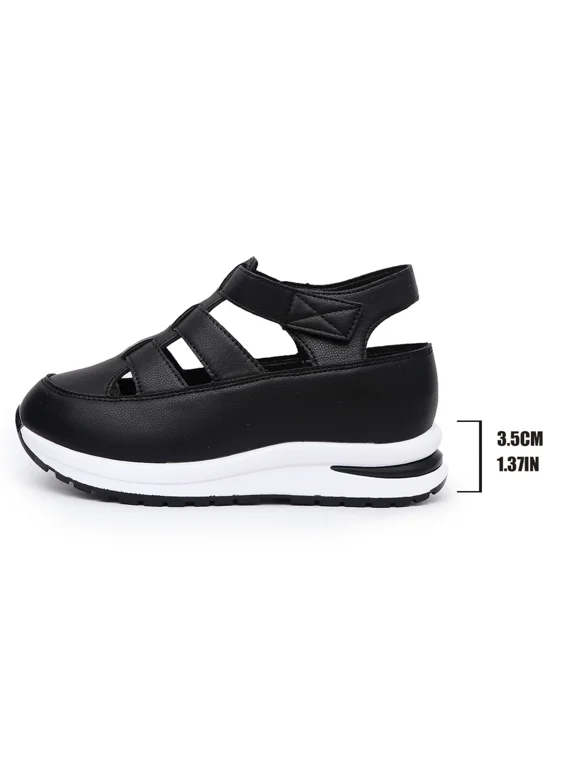 Plus-Size Thick-Soled Open-Toe Beach Sports Sandals for Women with Hollow Design, Hook-and-Loop Strap, and Woven Slip-On Style