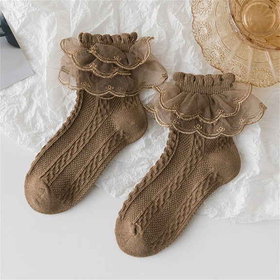 Plus Size Thigh High Socks Girl's Solid Color Dress Lace Socks Spring Summer Socks Girl's Dance Princess Socks Grippy Socks Children Brown 1Y