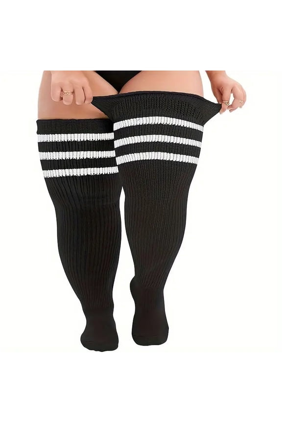 Plus Size Thigh High Socks for Thick Thighs - 35 Black & White Striped Non-Slip Ribbed Knit Over-the-Knee Socks